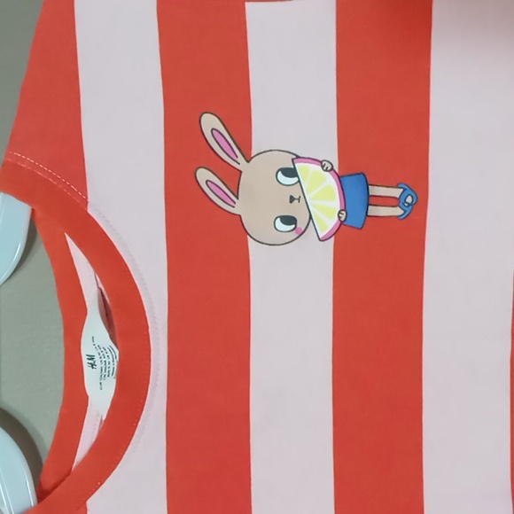 H&M Orange and Light Pink Striped T Shirt Dress w Bunny and Lemon Size M - Picture 3 of 6
